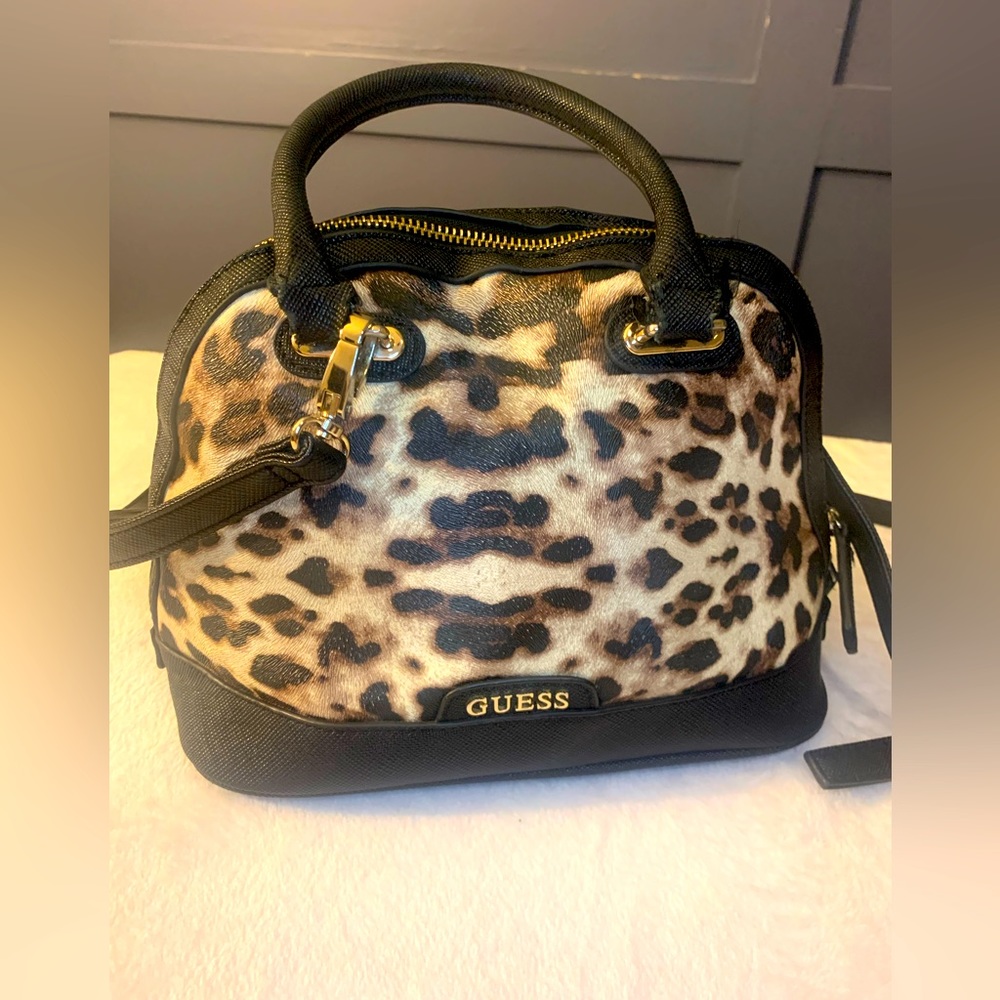 Guess Leopard Print Dome Satchel — Top Handle + Crossbody Strap